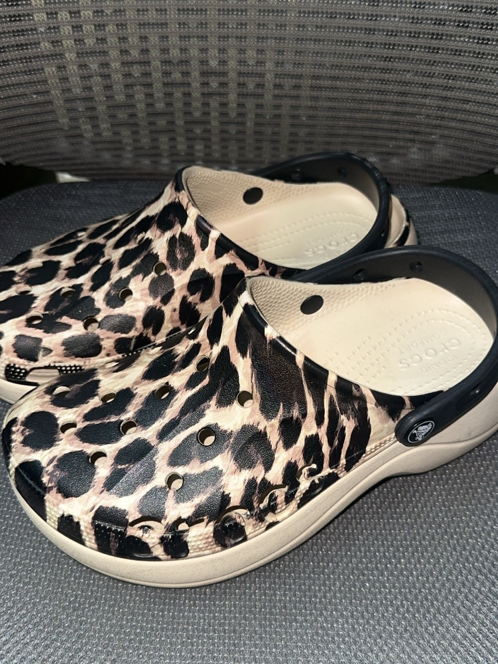 CROCS Leopard Print Clogs in Beige and Black with Black Strap